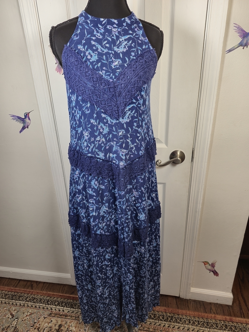 ​Dina Be Blue Floral Crochet Lace Tiered Halter Maxi Dress Medium Boho